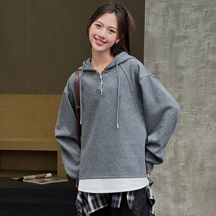 女大童连帽卫衣2025秋季薄款显瘦假两件初高中生长袖套头运动上衣