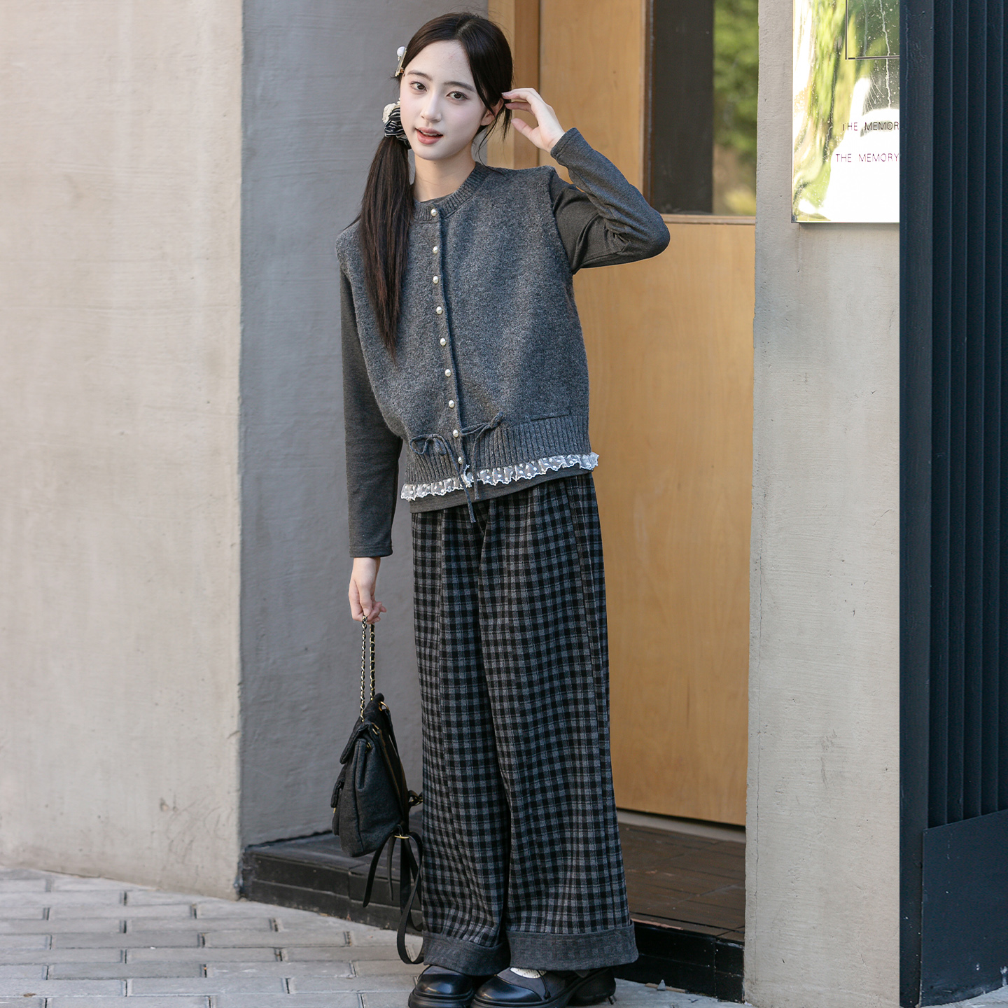 女大童套装春秋款2025新款初高中生少女秋季马甲打底格子裤三件套