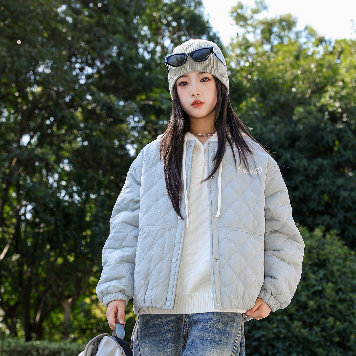 女大童夹棉外套毛衣连帽两件套初中生秋冬装2025新款少女加厚棉服