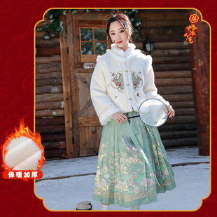 女大童拜年服套装2025款冬季初中生加绒加厚外套刺绣裙子保暖裙子