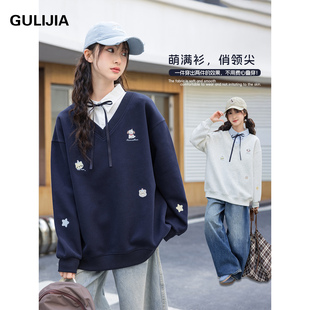 古力家学院风Polo领半拉链卫衣2026新款女大童假两件初中生上衣15
