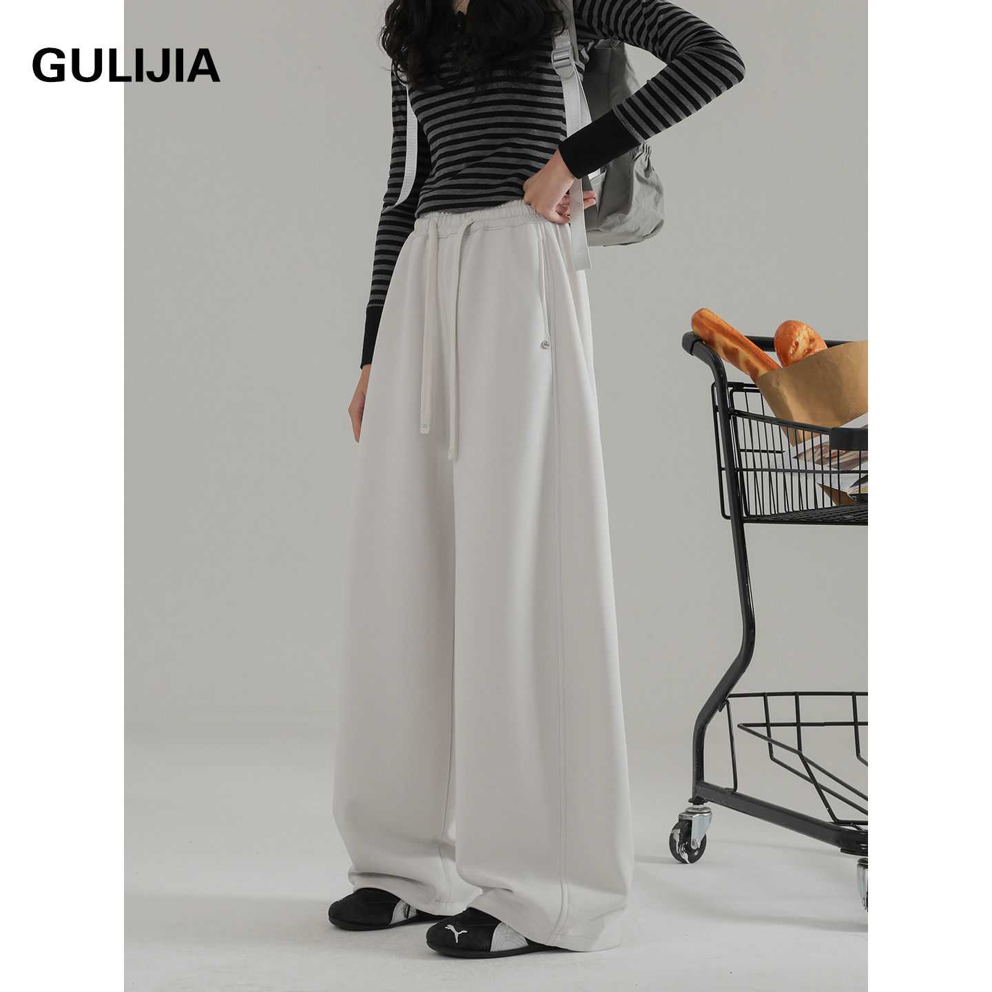 古力家春秋款简约运动风米白色阔腿裤女大童高腰系带宽松休闲长裤