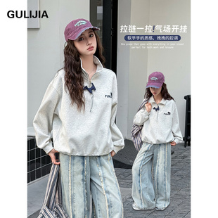 古力家女大童春秋美式polo领半拉链卫衣慵懒风宽松初中生休闲上衣