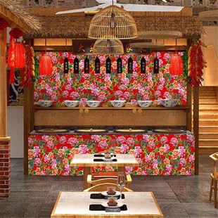 大红花布背景墙壁纸东北烧烤墙纸特色饭店餐馆装修T大花布装修墙