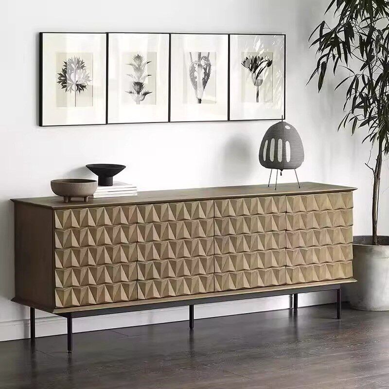 实木侘寂风极简餐边柜雕花中古y玄关柜储物柜轻奢家用靠墙边柜北