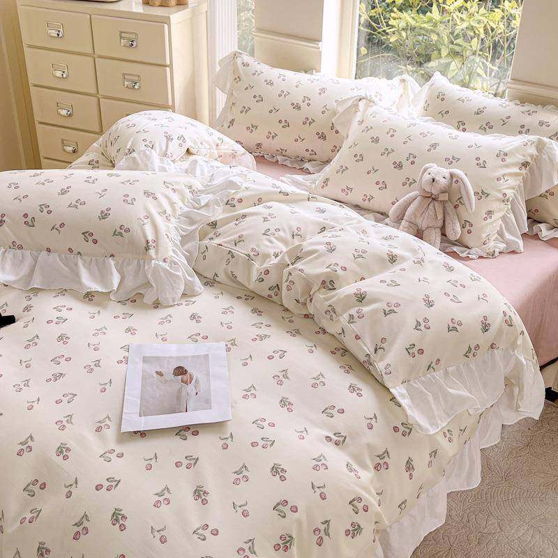 韩版纯色四件套小清新花边被套四件套水洗棉床单床裙宿舍三件套件