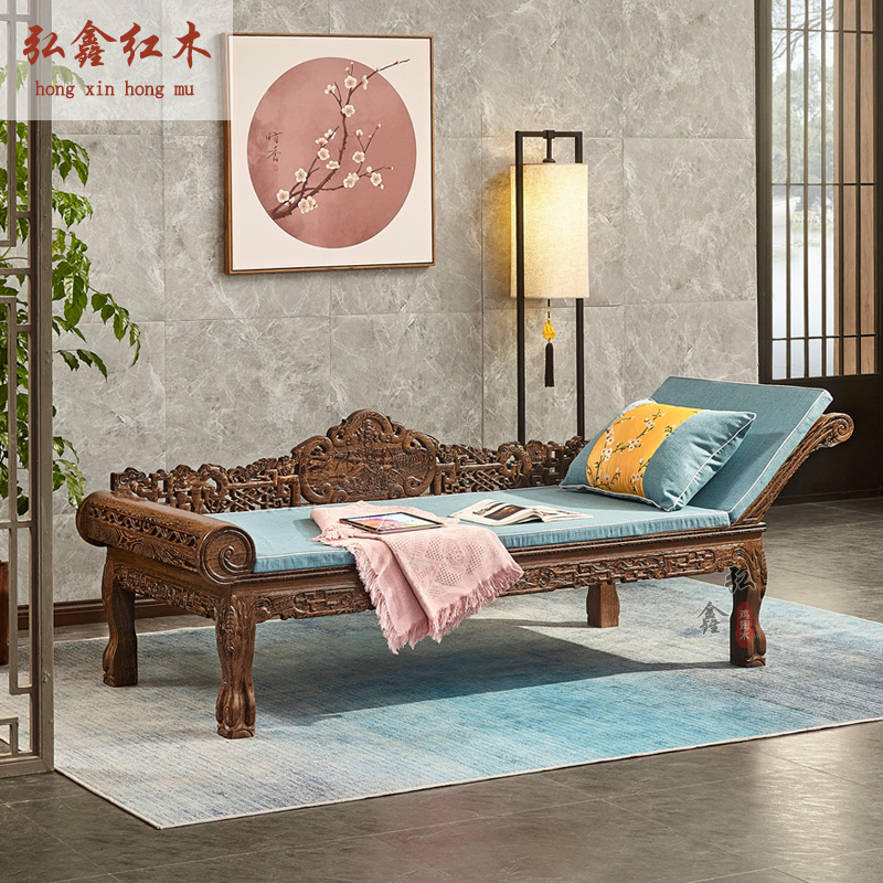 红木家具鸡翅木贵妃榻午休椅单人床罗汉I床 中式实木仿古躺椅休闲