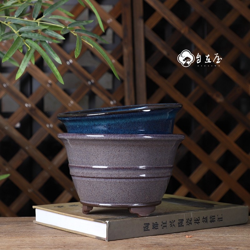 紫砂均釉/腰线金钟自在屋精品釉盆窑变釉紫均/蓝均兰花盆景盆