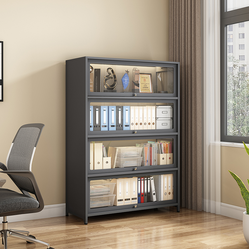 儿童防尘书柜带玻璃门家用钢制书架客厅储物柜置物柜收纳展示柜