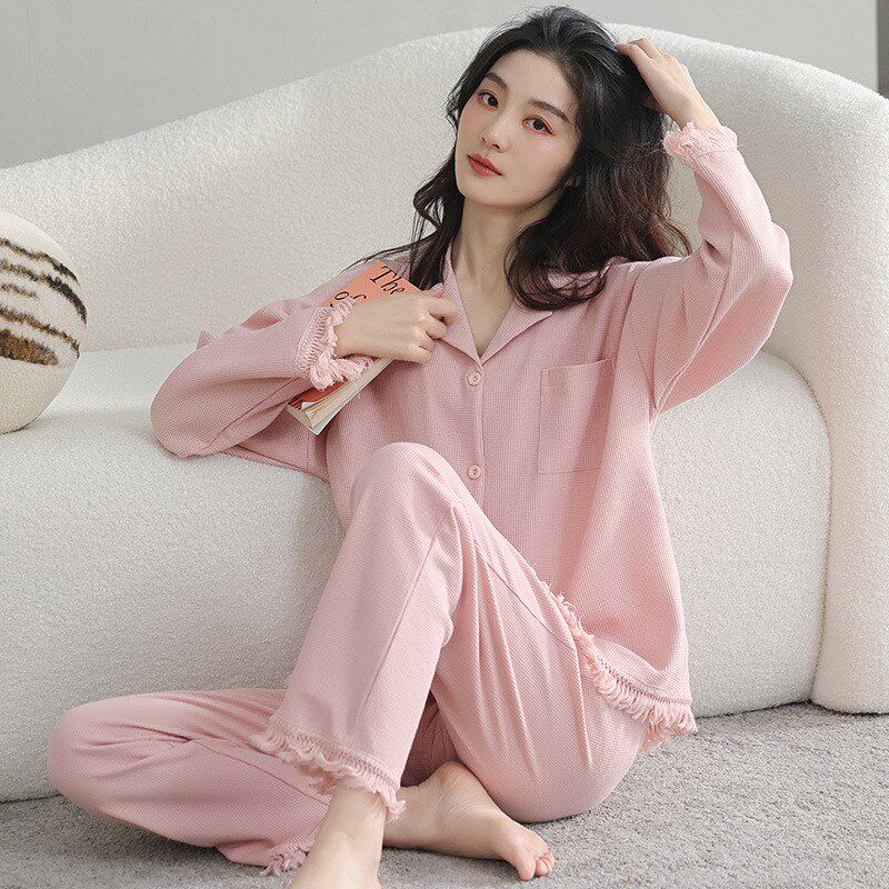 春秋长袖睡衣女纯棉新款开衫翻领套装卡通休闲可外穿水墨画家居服