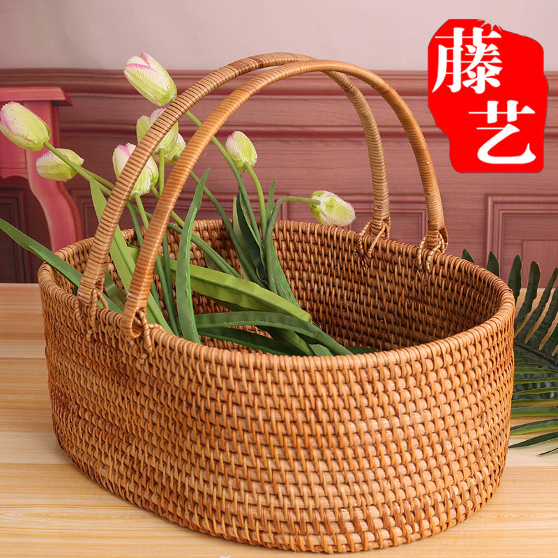精品藤编手提篮购物篮p杂物收纳筐采摘提篮清洁篮野餐篮日式大号