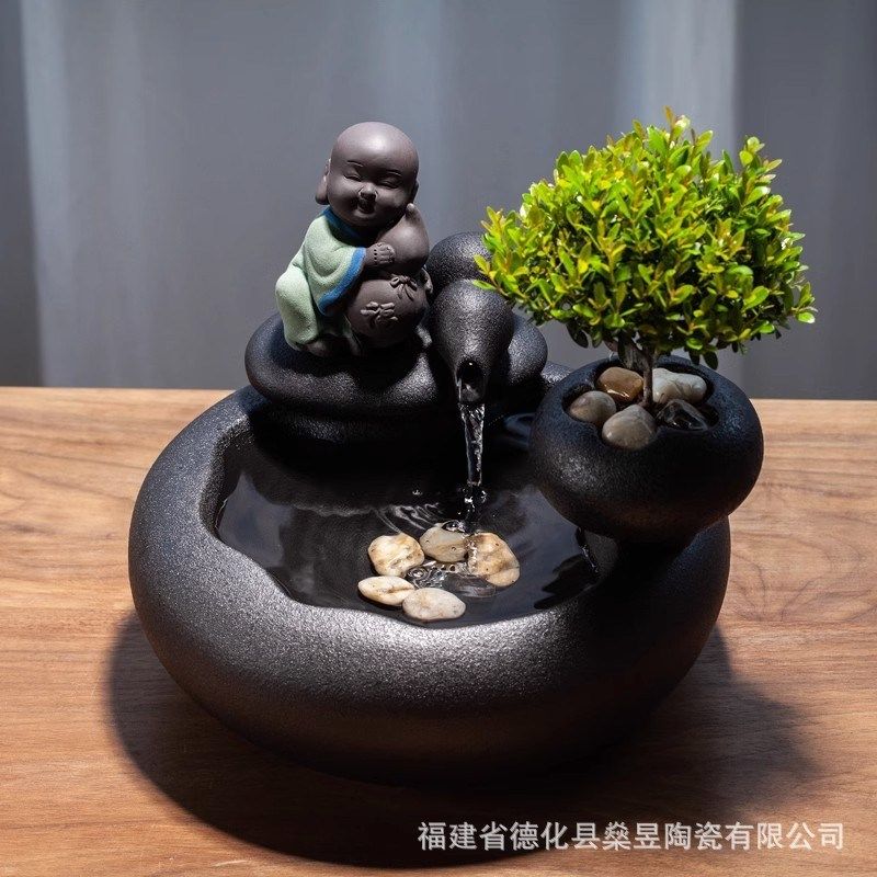 陶瓷流水鱼缸自动水循环桌面办y公室装饰品茶几喷泉水景小摆件开