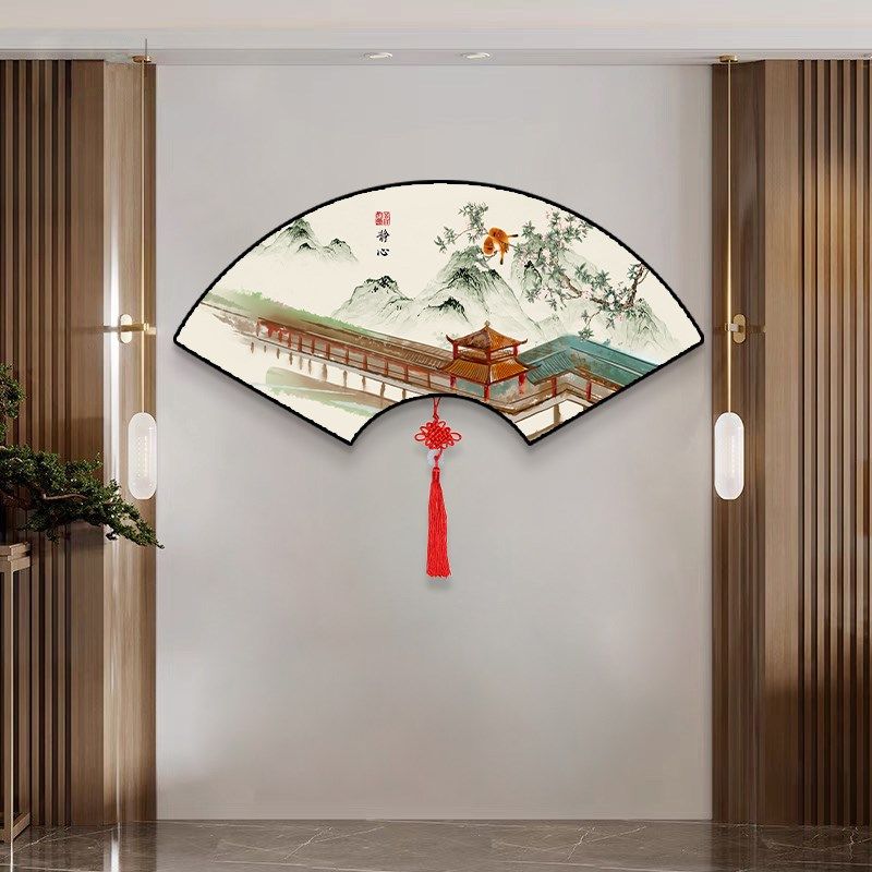 扇形扇面挂画中国结新中式客厅装饰画饭店背景墙T歺厅柿子墙面壁