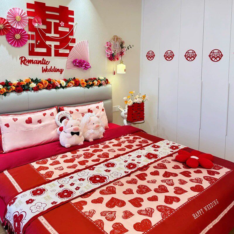 中式全棉爱心结婚四件套大红色床E单被套婚庆床上用品婚房喜被