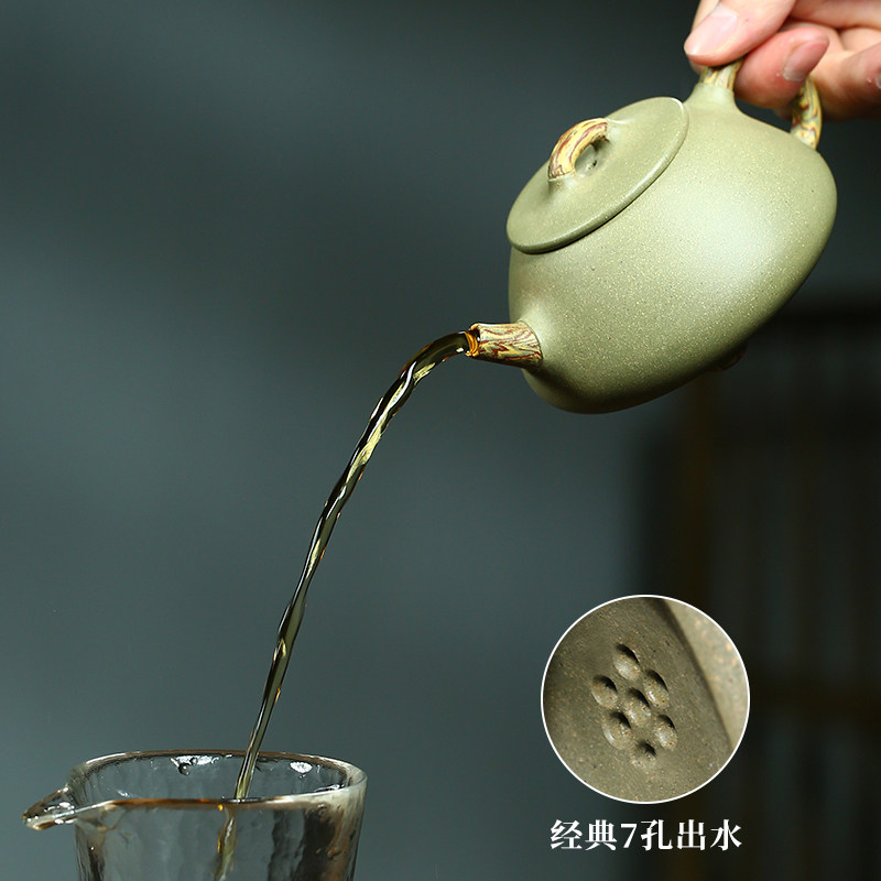 宜兴纯全手工紫砂壶子冶石瓢壶豆青D砂绞泥紫沙泡茶壶陶瓷茶具套