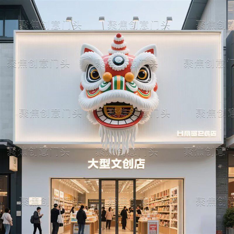 玻璃钢雕塑定制户外网红景区文创店舞狮立K体门头商业美陈装饰挂