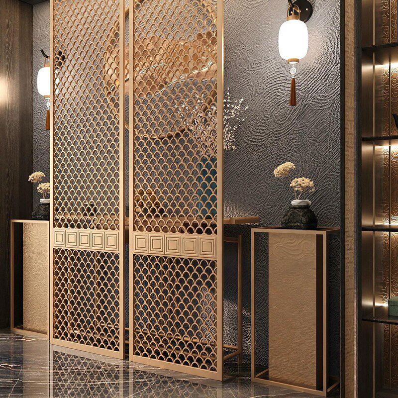 定制酒店新中式不锈钢屏风客y厅入户镂空格栅背景墙金属隔断玄关