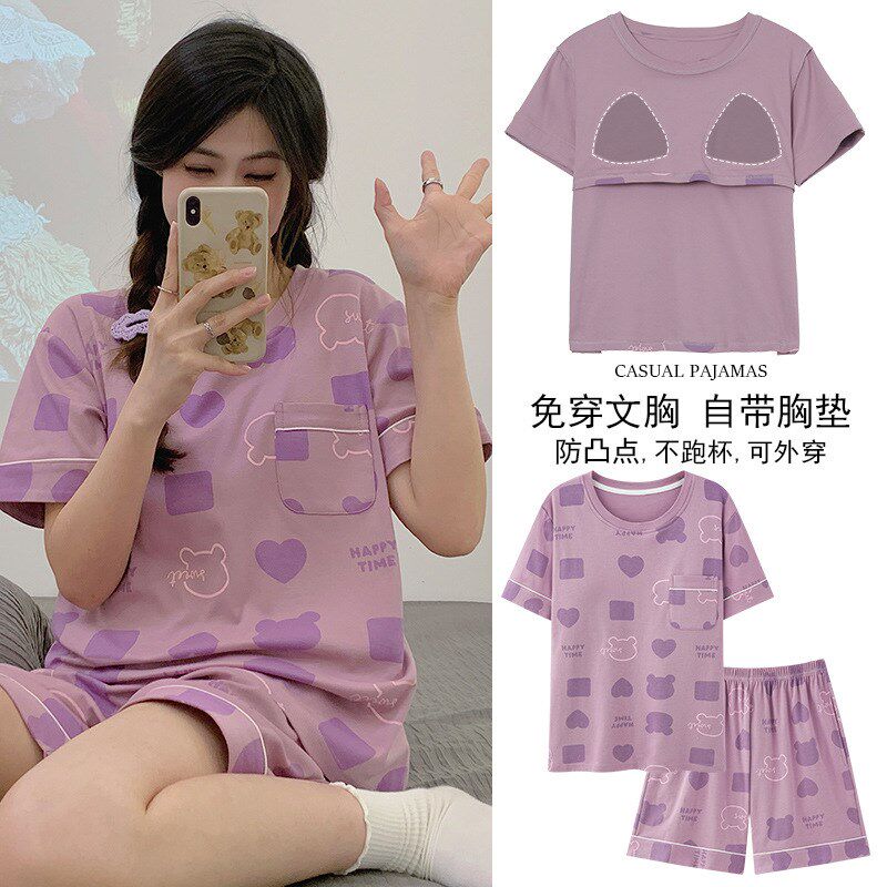 带胸垫睡衣女夏季纯棉短袖短裤休闲大码可外穿夏天家居服套装