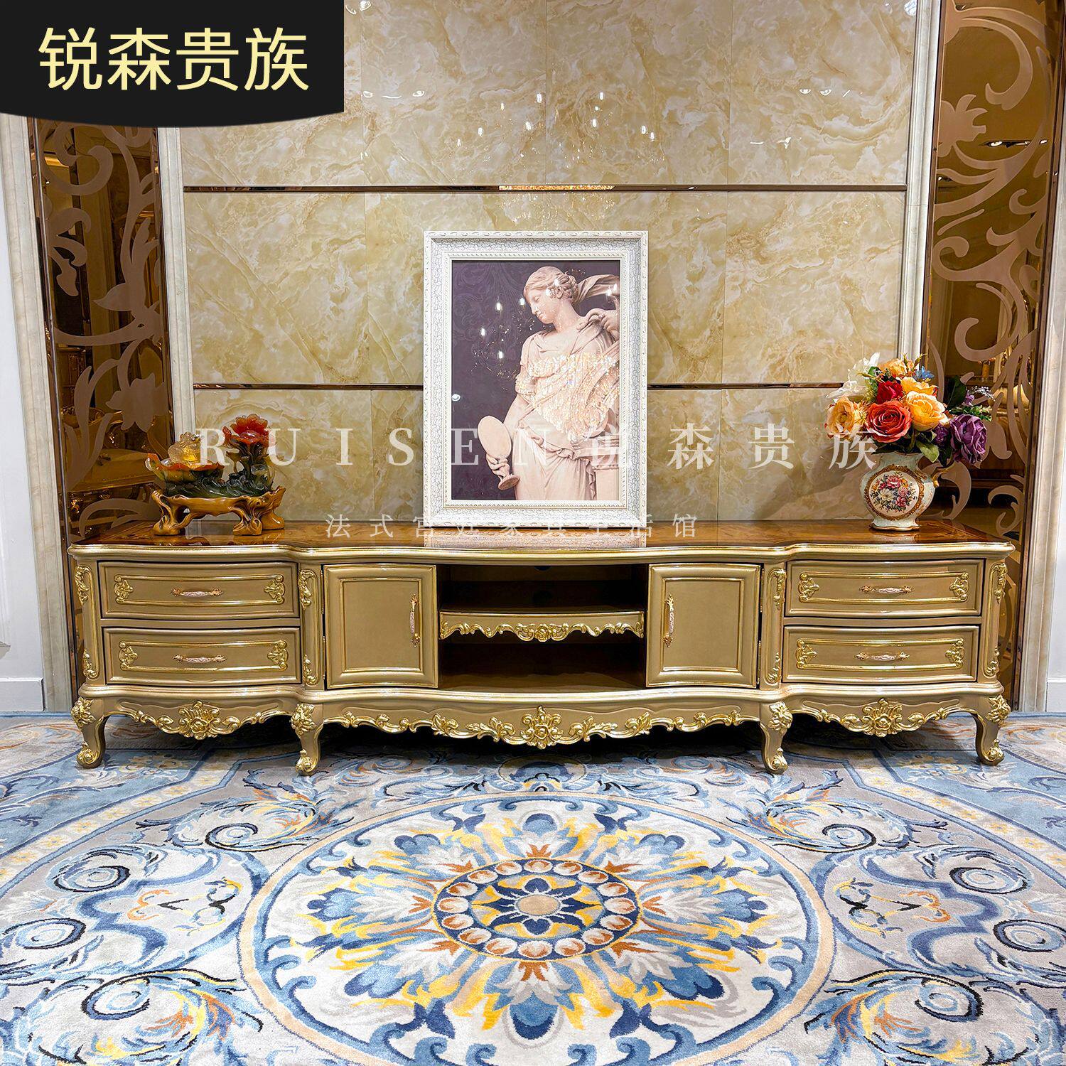 法式实木电视柜 欧式奢华木皮新古典客厅背景柜实木卧室地柜