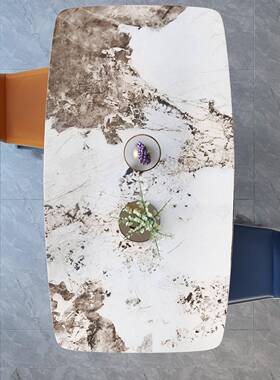 式轻极简亮光岩板长方NMW形餐桌组合现西意代简约小户型家奢用饭