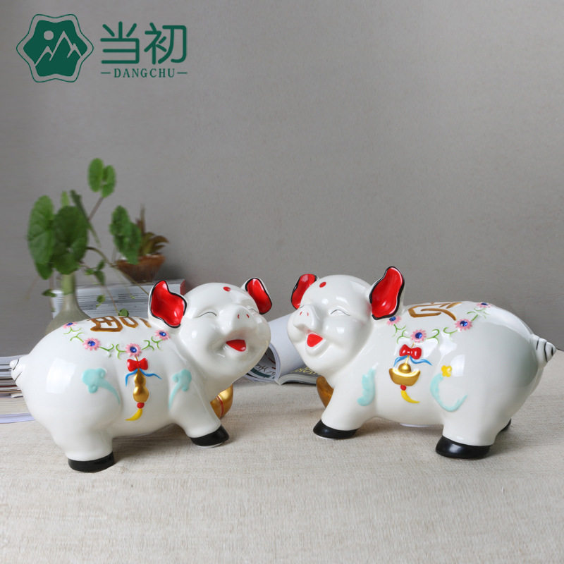 猪储钱罐创意陶瓷工艺品储蓄罐 福财对猪发财猪陶瓷罐家居摆件