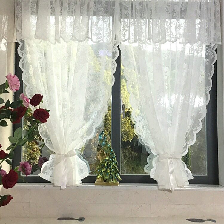 免打孔韩式蕾丝门帘隔断帘厨房卧室白色纱帘穿杆小窗帘半帘魔术贴