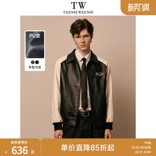 翻领潮流美式 新款 夹克 pu皮撞色外套2025春季 TeenieWeenie小熊男装