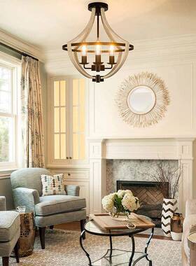 美式吊灯复BK2078古工业风l舍of202新款农枝形木5纹吊灯亚马逊爆