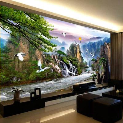 画蒙娜丽十字绣山水客莎厅绣新zeRdUwfZ款大幅迎客松流水生线财风