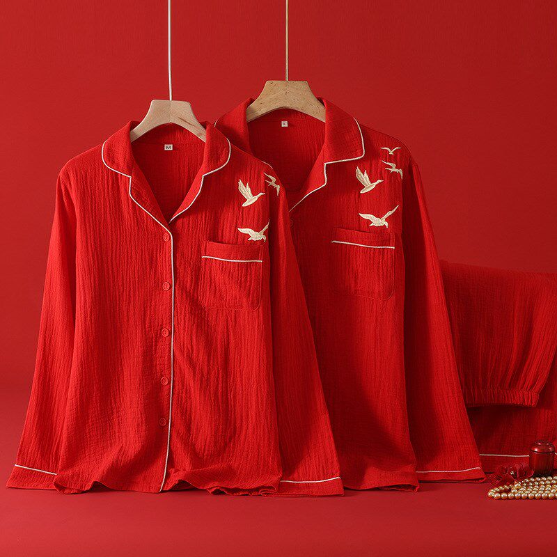 新婚情侣睡衣春秋红色纯棉纱布男女长袖本命年夏季薄款家居服套装