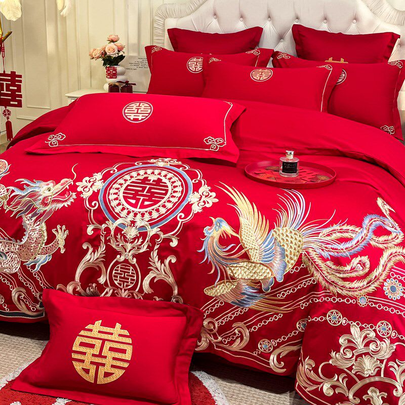龙凤呈祥结婚四件套红色新婚庆床I单刺绣被套喜被床上用品