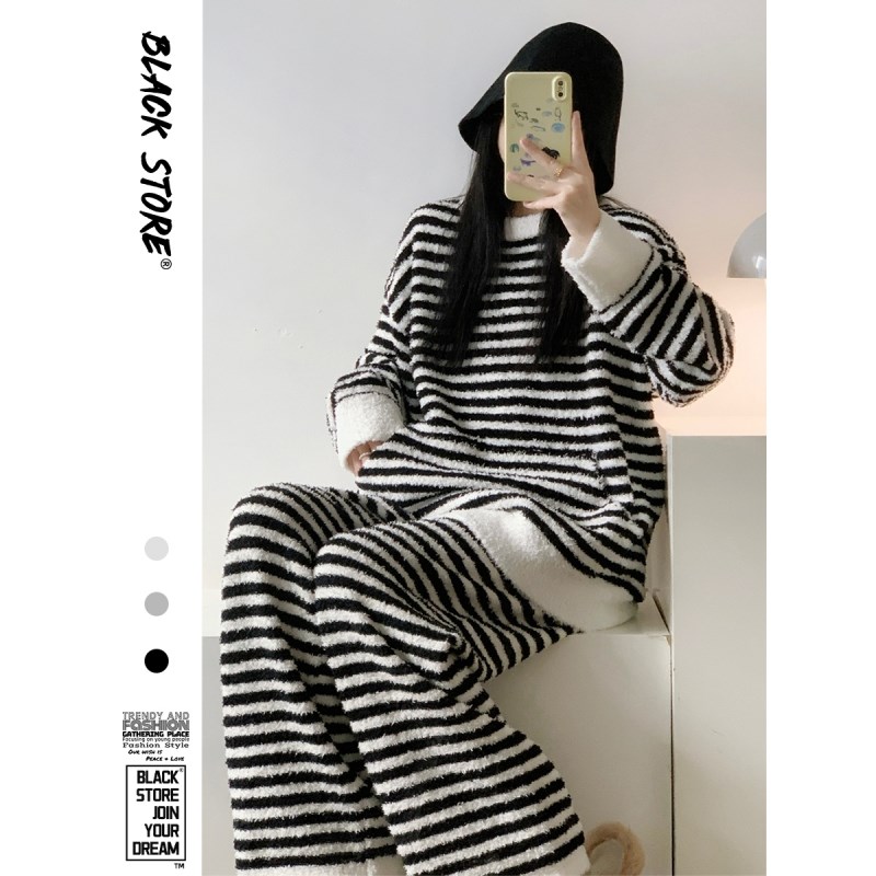 韩版少女撞色黑白条纹针织睡衣女款冬季加厚保暖半边绒家居服套装