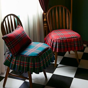 偏爱集美式椅垫复古荷叶边经典红绿格子实木椅子垫定制餐桌椅坐垫