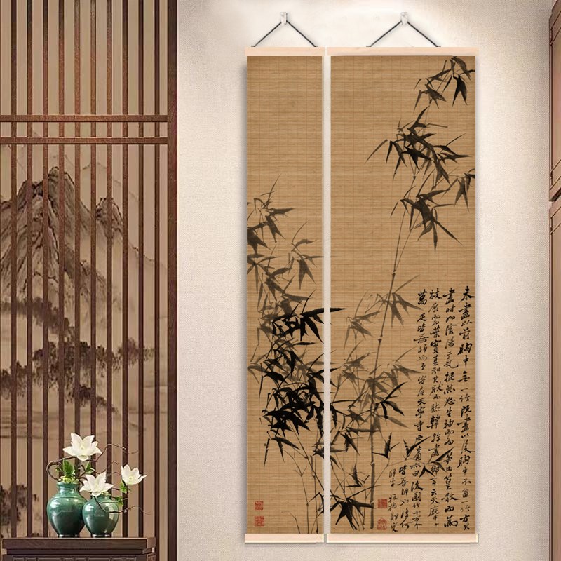 中式复古竹帘挂画进门玄关装饰画帘子书房茶室氛围布置背景遮挡帘