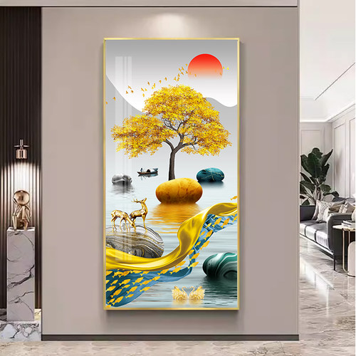 玄关装饰画新中式客厅挂画走x廊过道竖版墙画现代简约壁画入户门