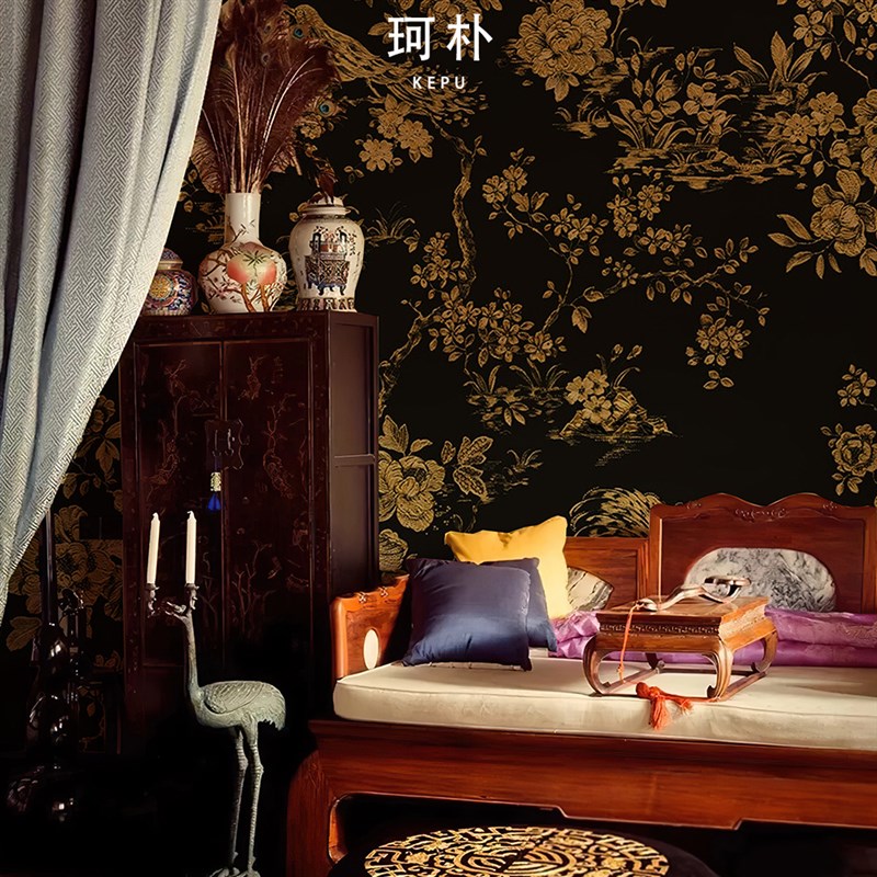 珂朴美式轻奢金色花朵墙布装饰餐厅电视背景墙卧室客厅定制壁画纸