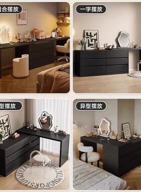柜梳妆台斗一LCI体化妆台简约现代化妆伸桌卧室缩实木古黑色复风