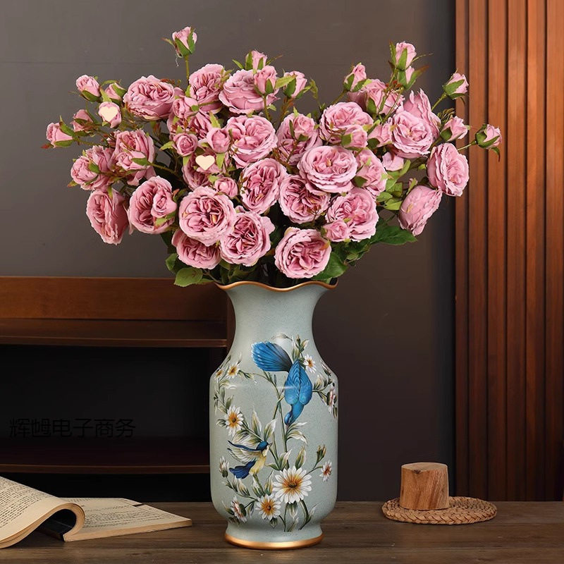 美式陶瓷花瓶复古摆件客厅插花家居装饰花仿真花假花工艺品摆设