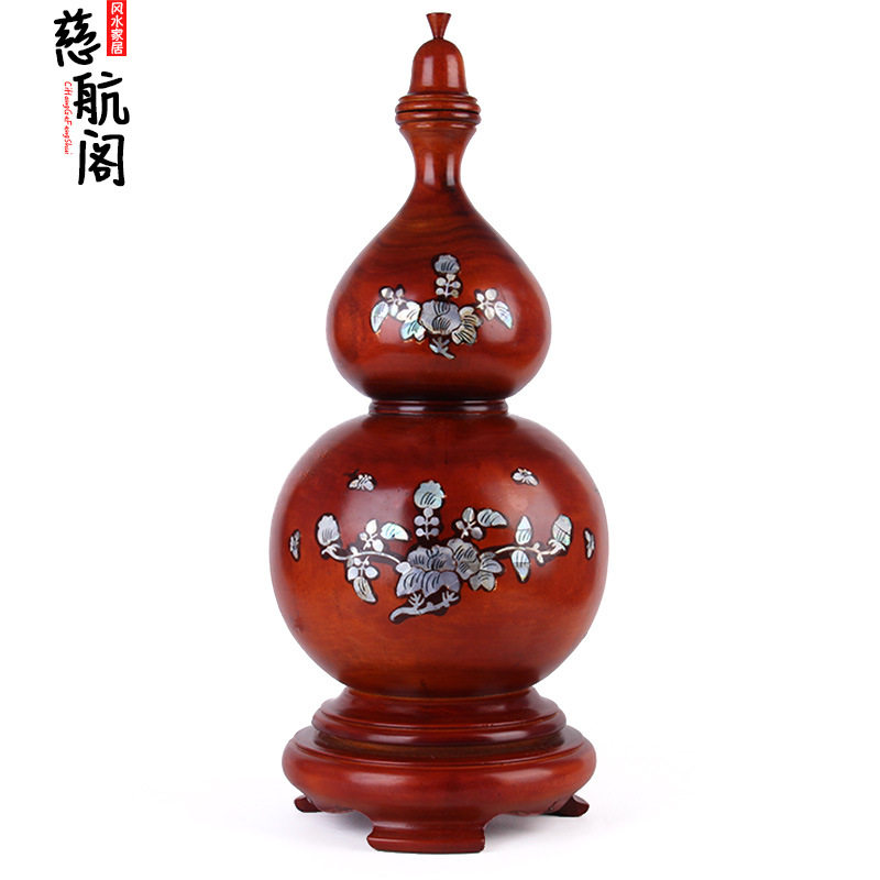 桃木葫芦摆件木雕葫芦镶嵌彩贝木雕彩色贝壳红色大号葫芦摆件