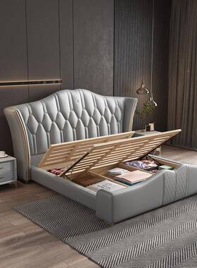 轻奢现代简1约仿皮体床卧.8m网SNX红皮艺双人床储物软艺主婚软床