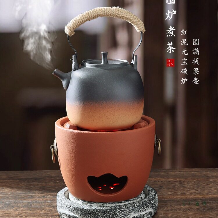 手工小炭炉红泥户外木碳炉潮汕潮州工夫陶瓷壶围炉煮茶烤火炉套装