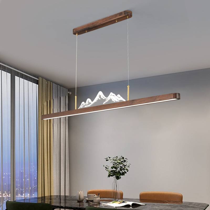 北美胡桃木长条餐厅LED灯复古风中山灯具新中式一字实木茶室吊灯