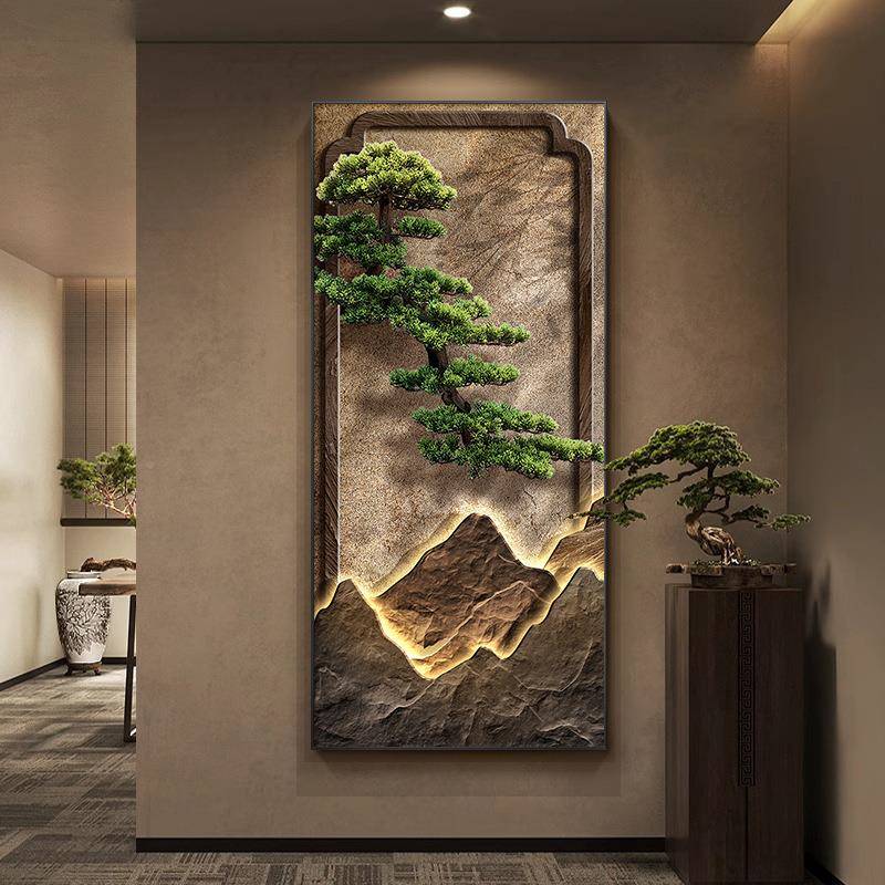 新中式CSK迎客正松玄关饰画入装户对走门廊过道山水挂画高档大气