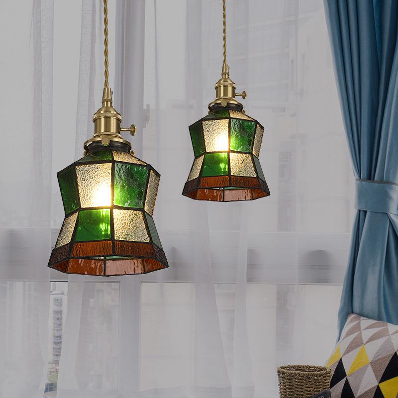 日接式复古风手工做田旧拼小吊灯几何方格小蛮腰全铜EDO玻璃园灯