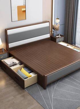 实木床.18米双人5床现代简约主卧婚床1.米皮意式靠KWH轻奢储物结