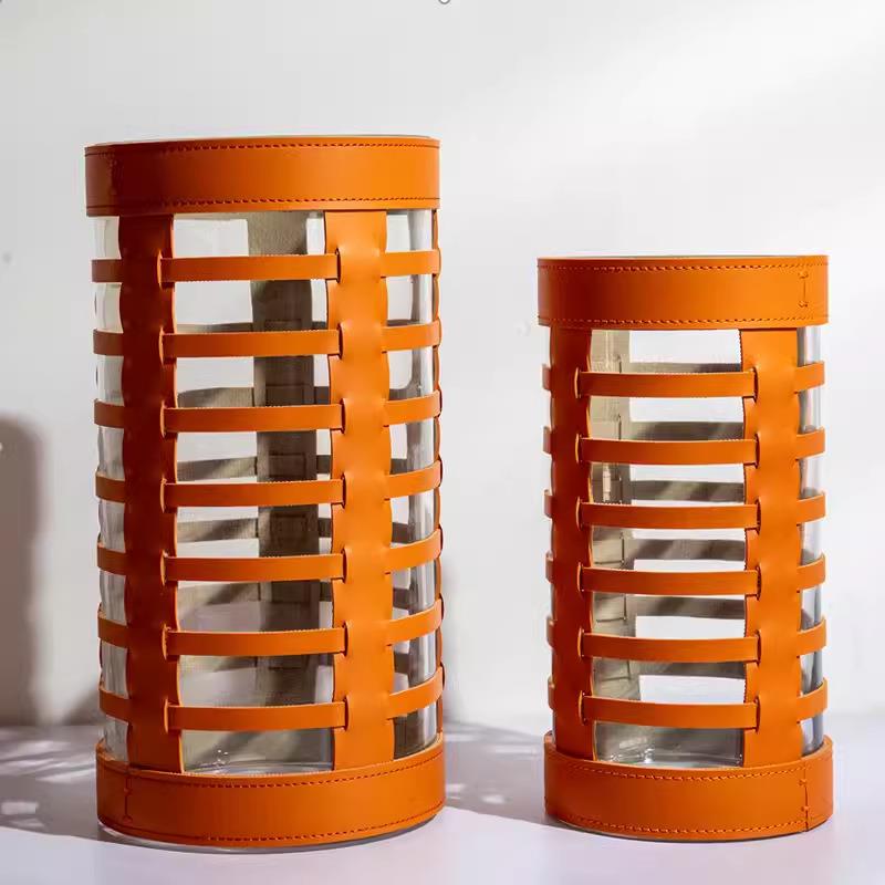 现间代皮墅革玻璃编织器样板酒355店别花家居客厅艺术装饰花瓶手