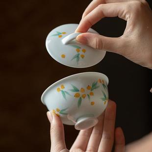 弥言釉下茶彩手枇杷盖碗创手工意陶瓷高足泡茶碗家TUF绘用薄胎泡