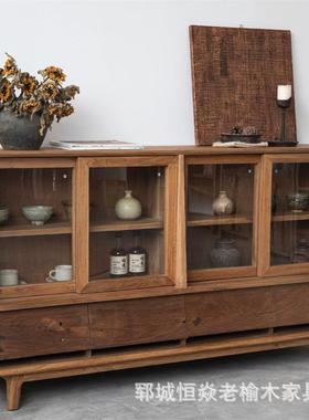 老式木餐木边柜实客榆厅靠墙茶水柜民宿玻XVG璃储物收纳柜新中展