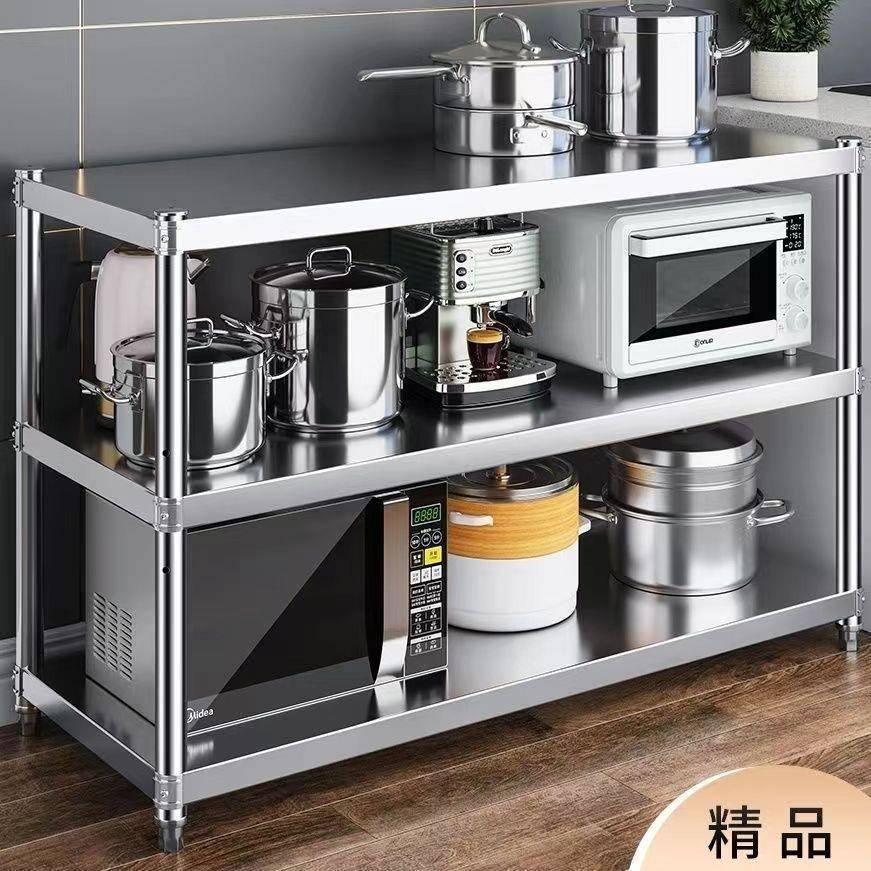 加LVD厚厨房不锈钢物架家用地三层多功能置箱收落纳架微波炉烤架