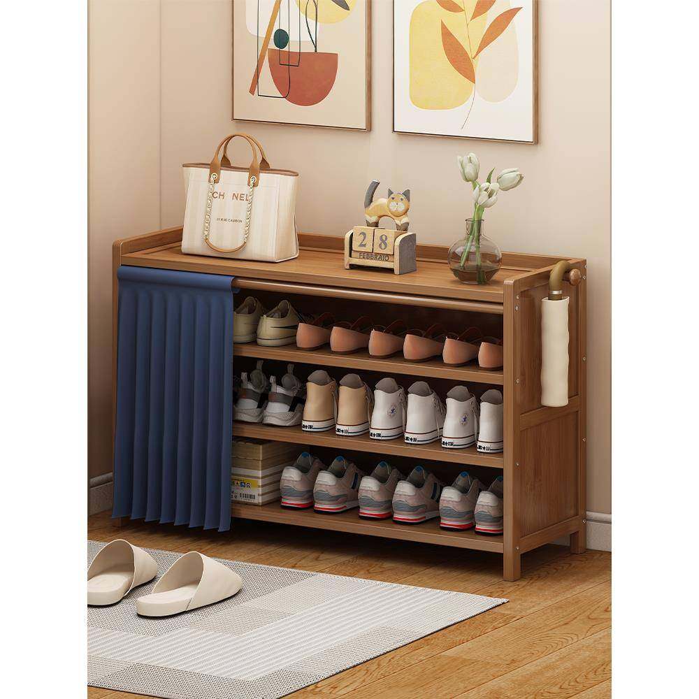 鞋架子家用简易门口收纳神器现代简约收纳柜实木多层带帘防尘鞋柜